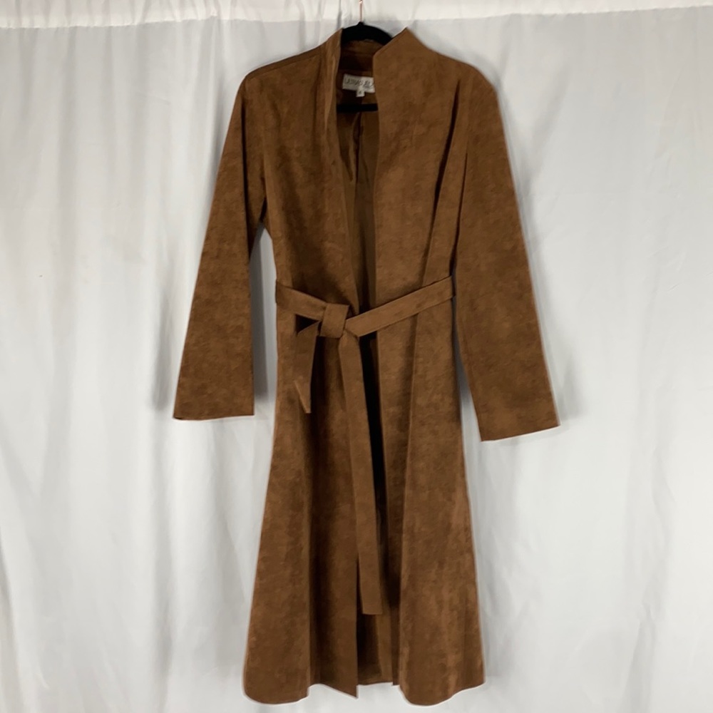 Ultra Suede cognac colored belt tie trench. Size 6